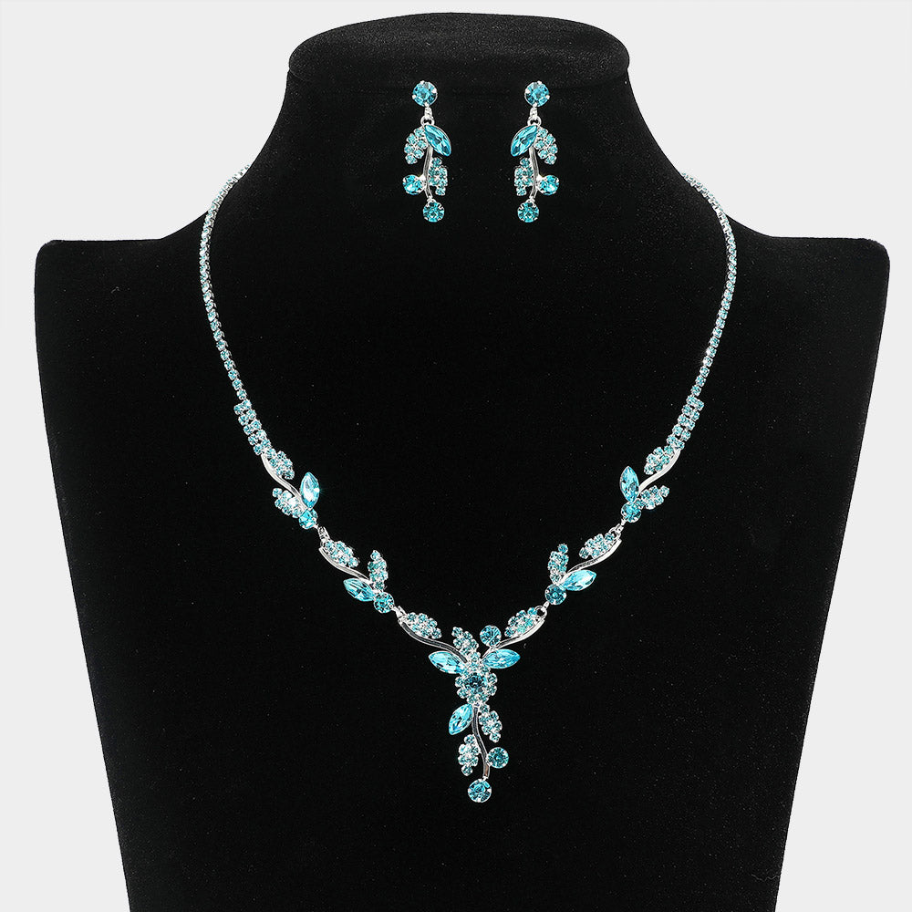 Aqua Rhinestone and Marquise Prom Necklace Set | Aqua Homecoming Necklace Set