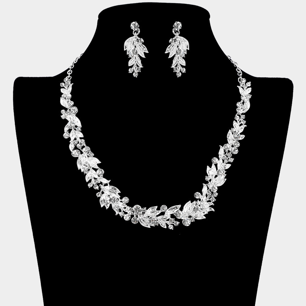 Clear Rhinestone and Leaf Special Occasion Necklace | Prom Necklace