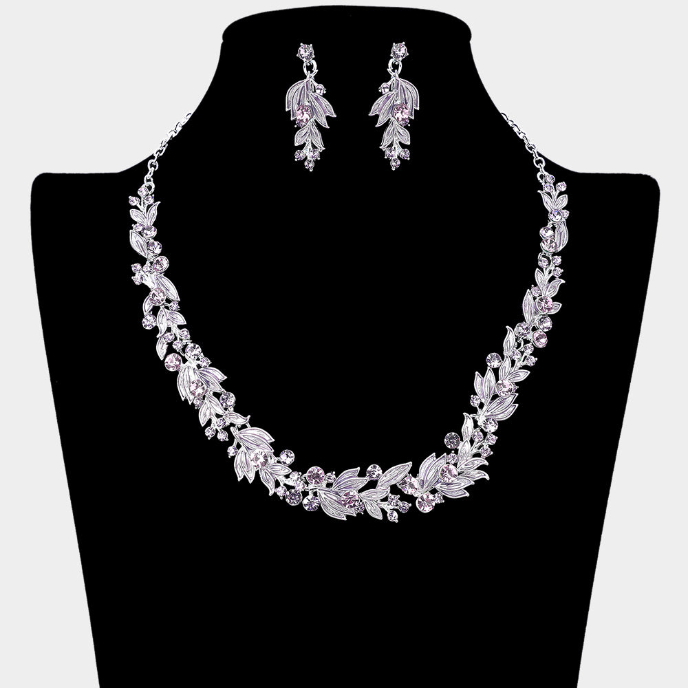 Amethyst Rhinestone and Leaf Special Occasion Necklace | Prom Necklace