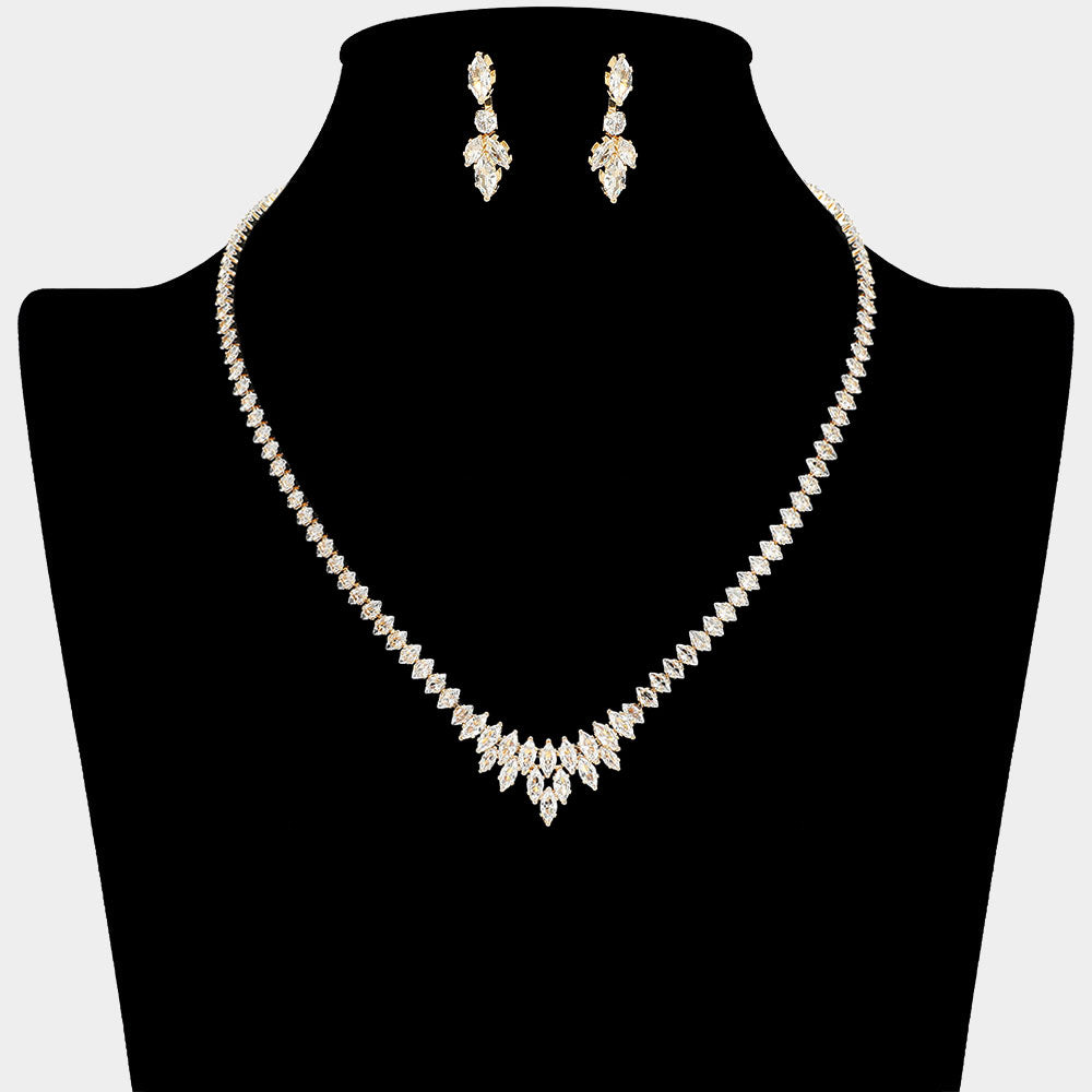 Cluster of Clear Marquise Stone Necklace Set on Gold | Clear Prom and Homecoming Jewelry Necklace Sets on Gold 