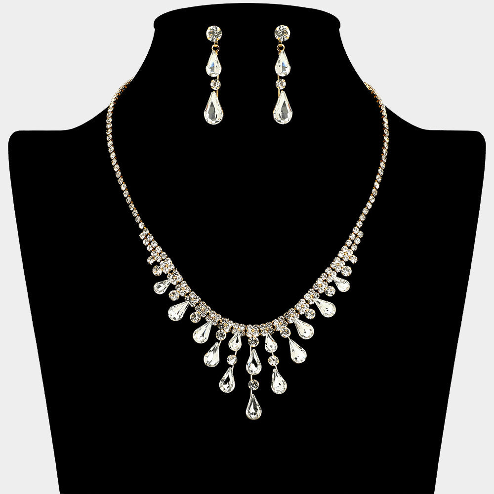 Clear Teardrop Stone and Rhinestone Prom Necklace on Gold | Homecoming Jewelry
