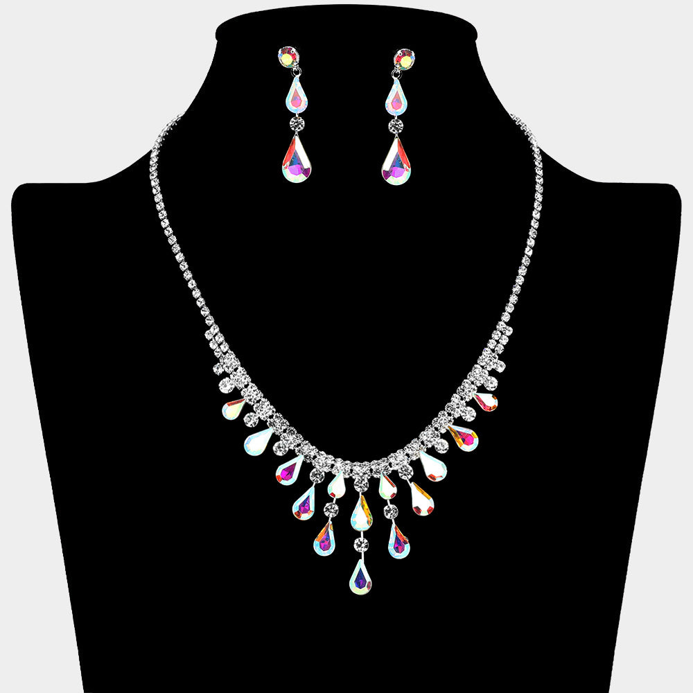 AB Teardrop Stone and Rhinestone Prom Necklace  | Homecoming Jewelry