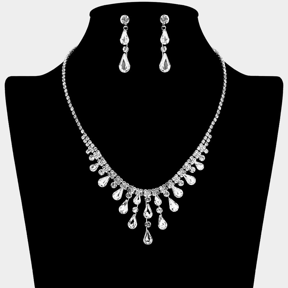 Clear Teardrop Stone and Rhinestone Prom Necklace  | Homecoming Jewelry
