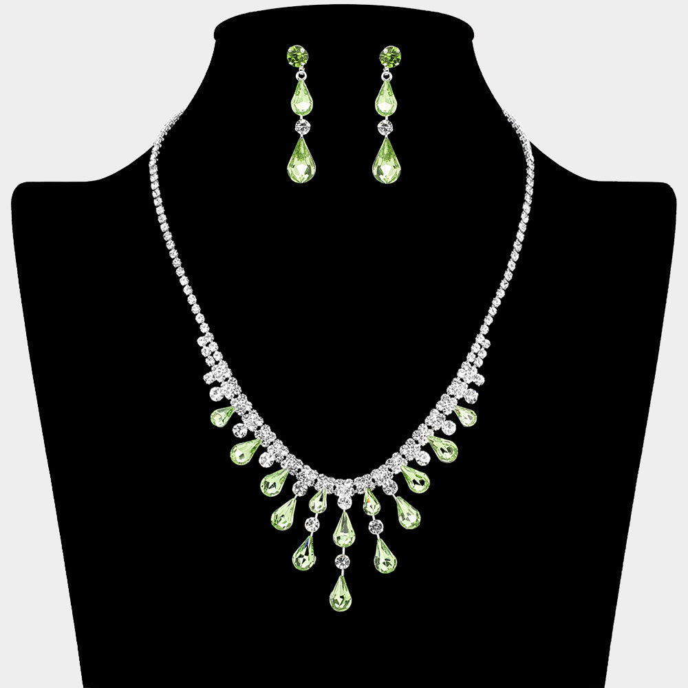 Green Teardrop Stone and Rhinestone Prom Necklace  | Homecoming Jewelry