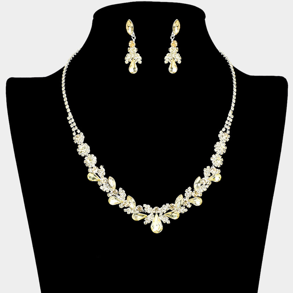 Yellow Teardrop and Multi Stone Cluster Prom Necklace Set | Prom Jewelry