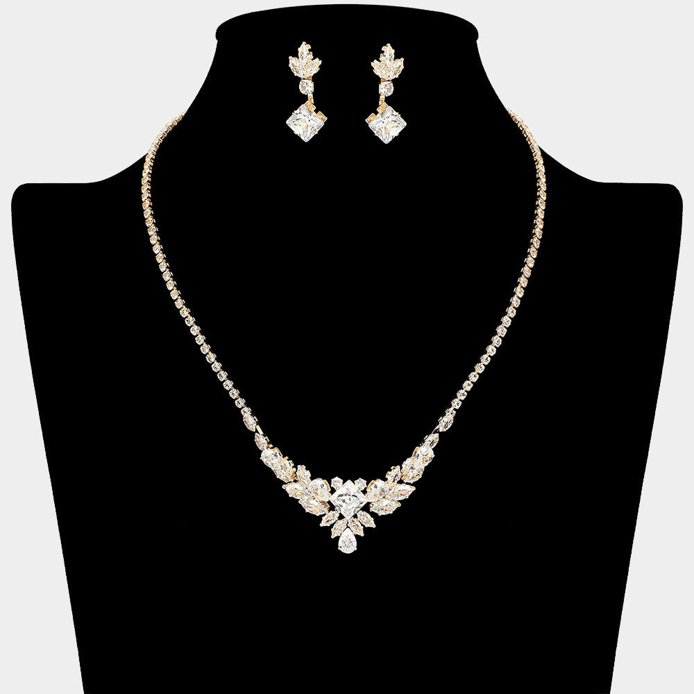 Cluster of Clear Multi Stone CZ Necklace Set on Gold | Clear Prom and Homecoming Jewelry Necklace Sets on Gold