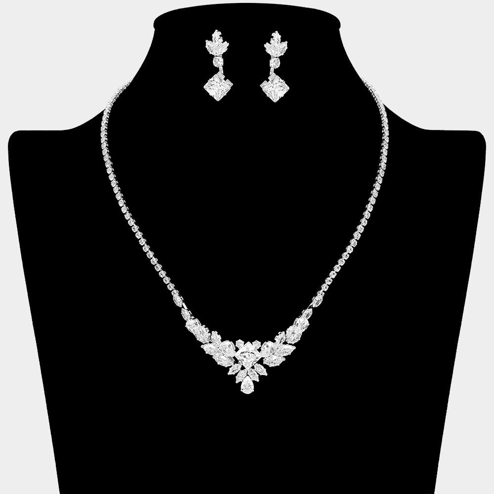Cluster of Clear Multi Stone CZ Necklace Set  | Clear Prom and Homecoming Jewelry Necklace Sets