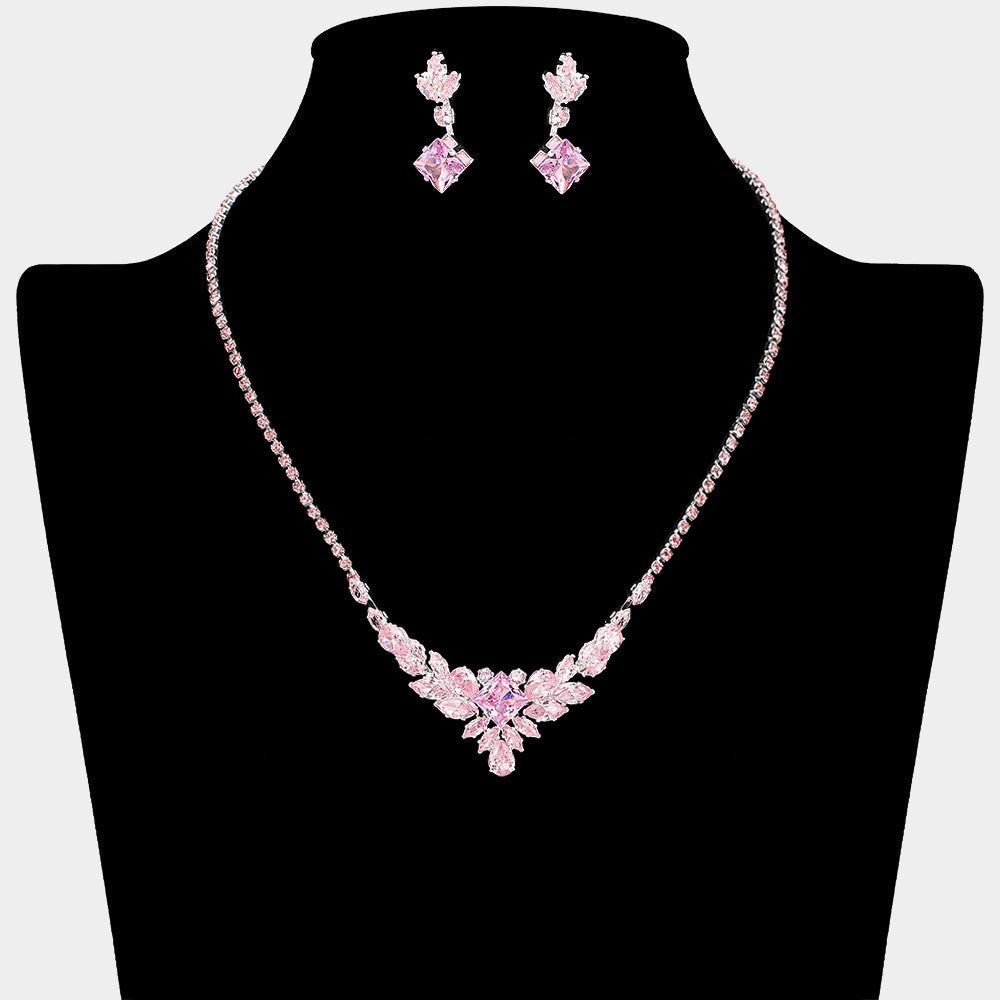 Cluster of Pink Multi Stone CZ Necklace Set  | Pink Prom and Homecoming Jewelry Necklace Sets 