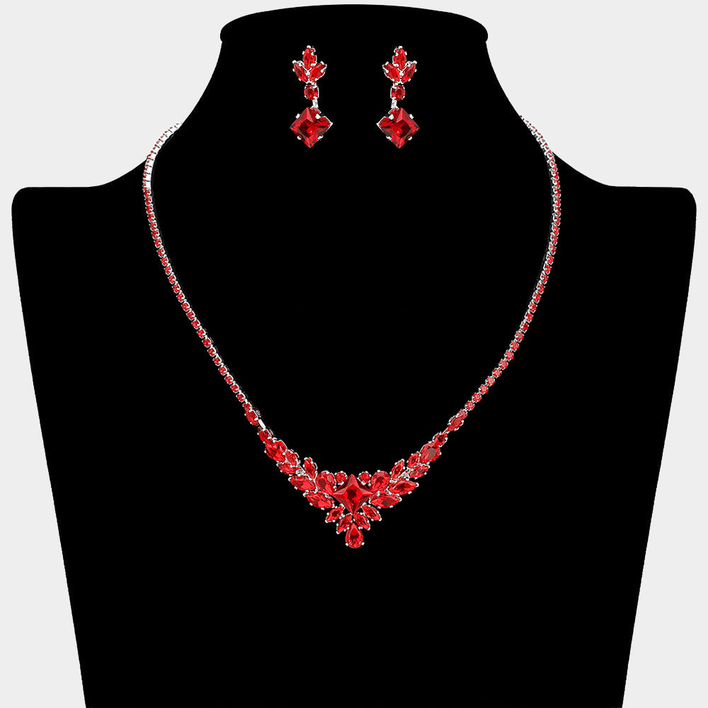 Cluster of Red Multi Stone CZ Necklace Set | Red Prom and Homecoming Jewelry Necklace Sets