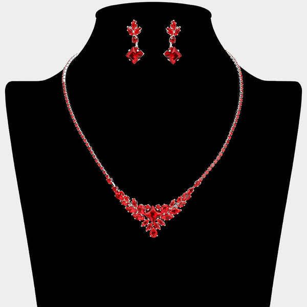 Cluster of Red Multi Stone CZ Necklace Set | Red Prom and