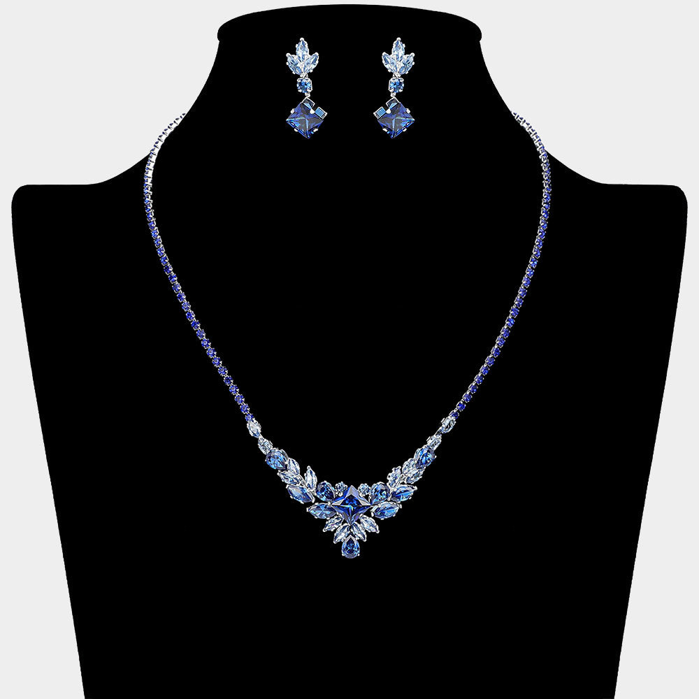 Cluster of Sapphire Multi Stone CZ Necklace Set  | Sapphire Prom and Homecoming Jewelry Necklace Sets