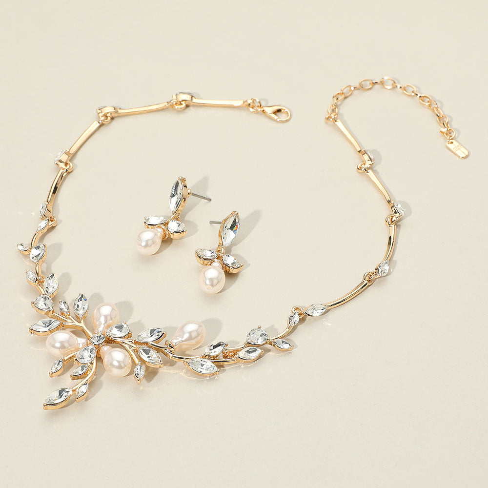 Clear Marquise Stone and Pearl Leaf Necklace Set on Gold | Special Occasion Jewelry