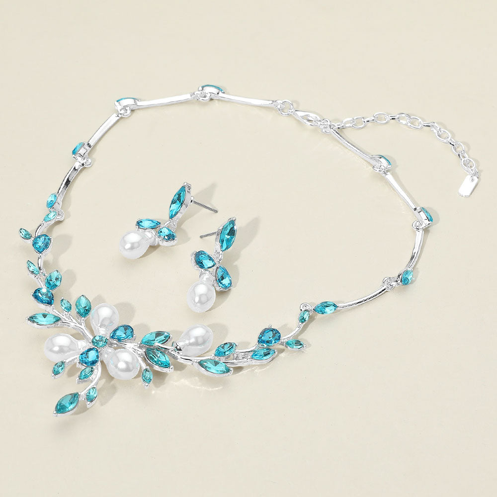 Aqua Marquise Stone and Pearl Leaf Necklace Set | Special Occasion Jewelry