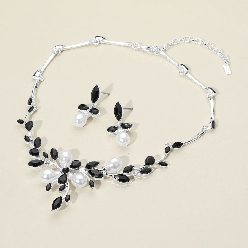Black Marquise Stone and Pearl Leaf Necklace Set | Special Occasion Jewelry