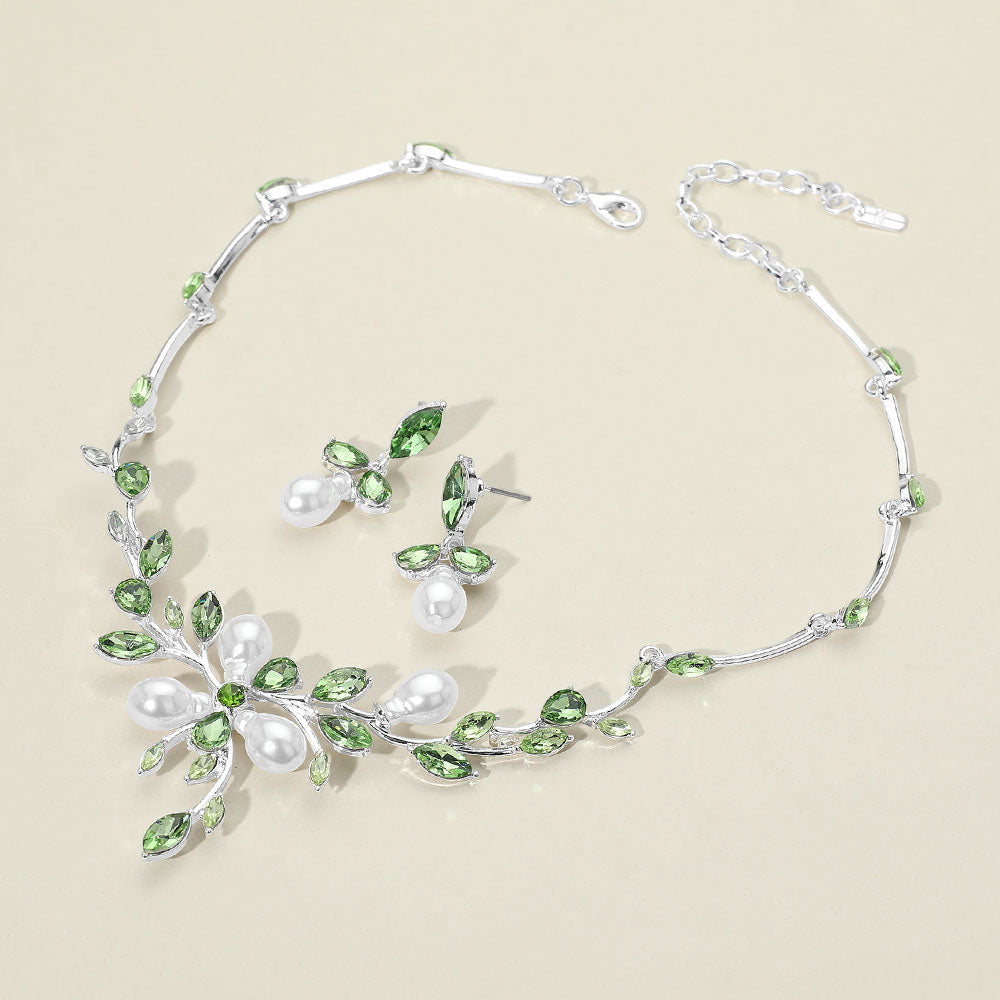 Light Green Marquise Stone and Pearl Leaf Necklace Set | Special Occasion Jewelry