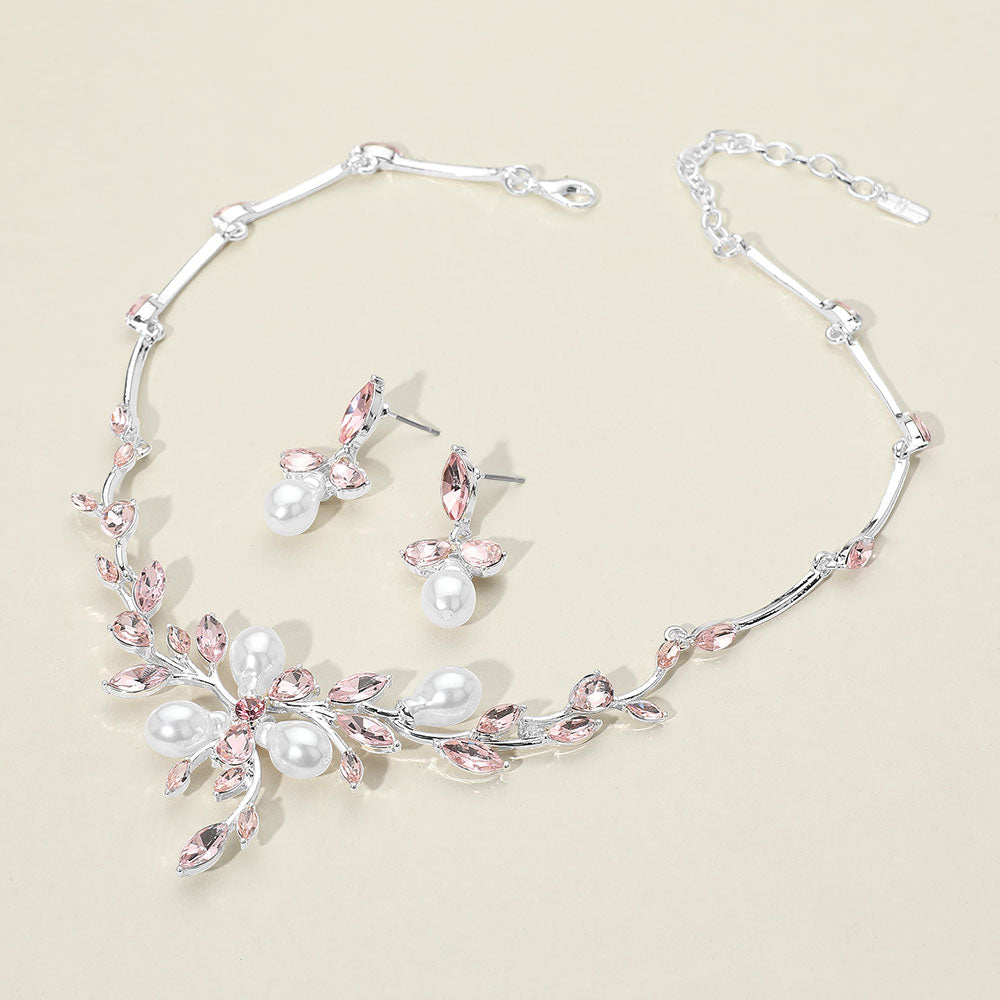 Light Rose Marquise Stone and Pearl Leaf Necklace Set | Special Occasion Jewelry