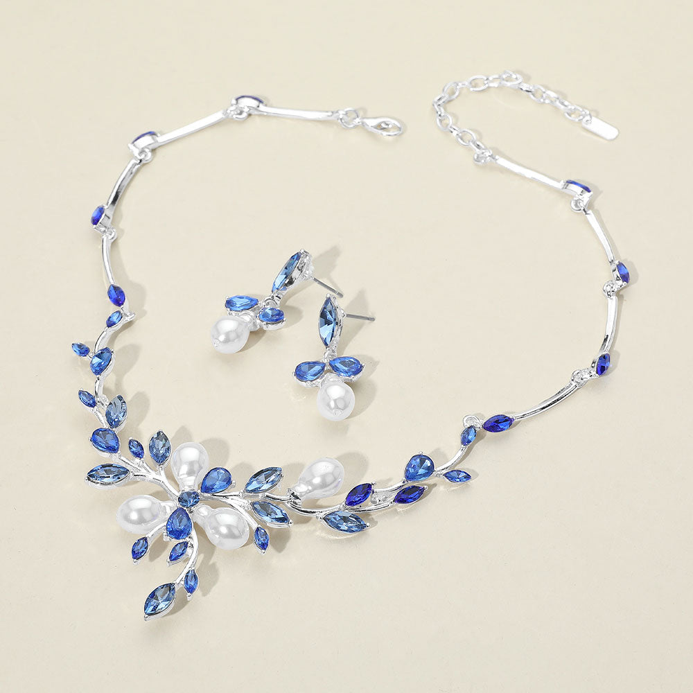 Light Sapphire Marquise Stone and Pearl Leaf Necklace Set | Special Occasion Jewelry