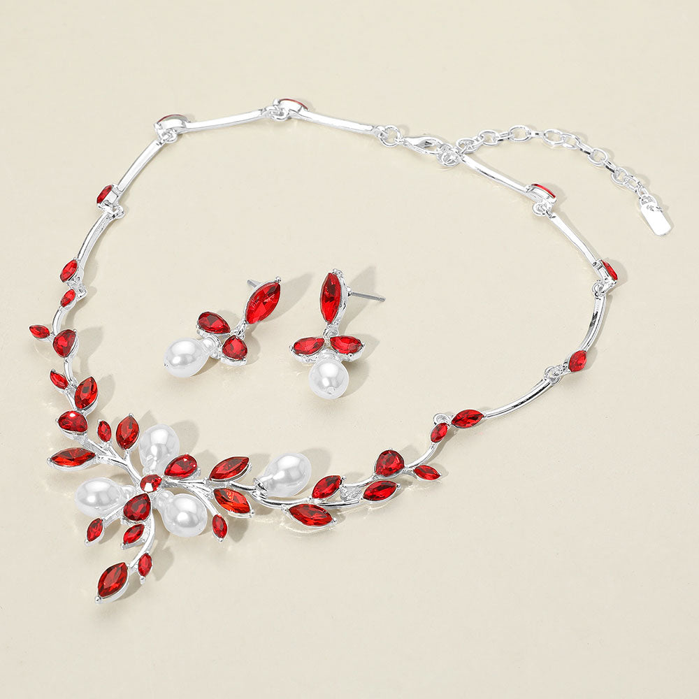 Red Marquise Stone and Pearl Leaf Necklace Set | Special Occasion Jewelry |  665714