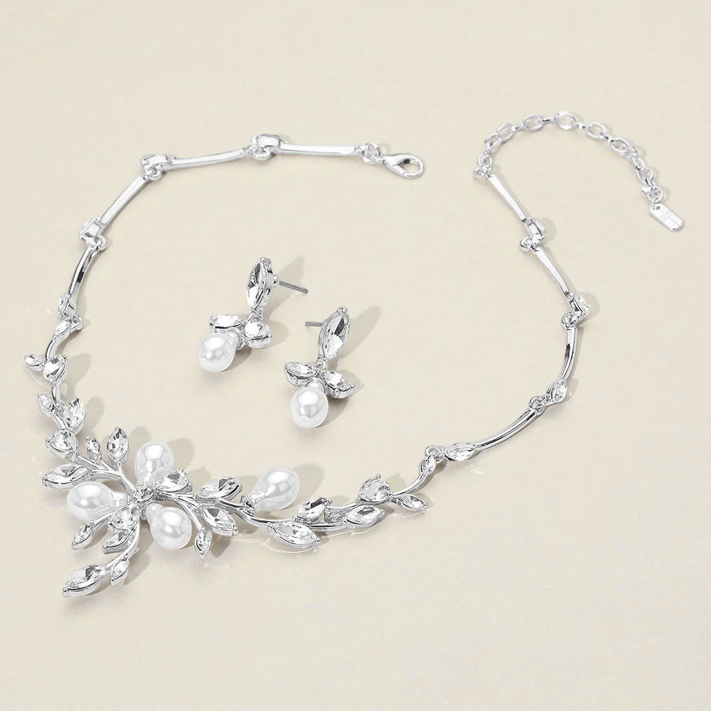 Clear Marquise Stone and Pearl Leaf Necklace Set | Special Occasion Jewelry