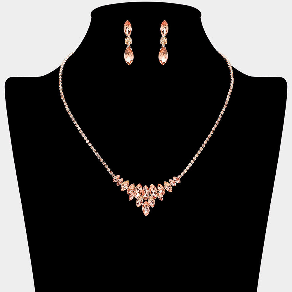 Peach Marquise Crystal Cluster Statement Necklace on Rose Gold – Sparkling Rhinestone Embellished Jewelry. Shown here on a black mannequin bust. 