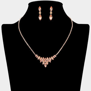 Peach Marquise Crystal Cluster Statement Necklace on Rose Gold – Sparkling Rhinestone Embellished Jewelry. Shown here on a black mannequin bust. 