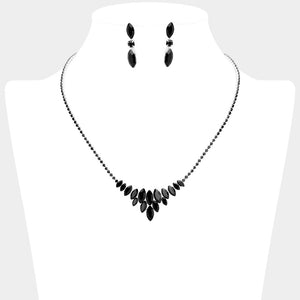 Black Crystal Cluster Statement Necklace with matching earrings – Sparkling Rhinestone Embellished Jewelry. Shown here on a black mannequin bust. 