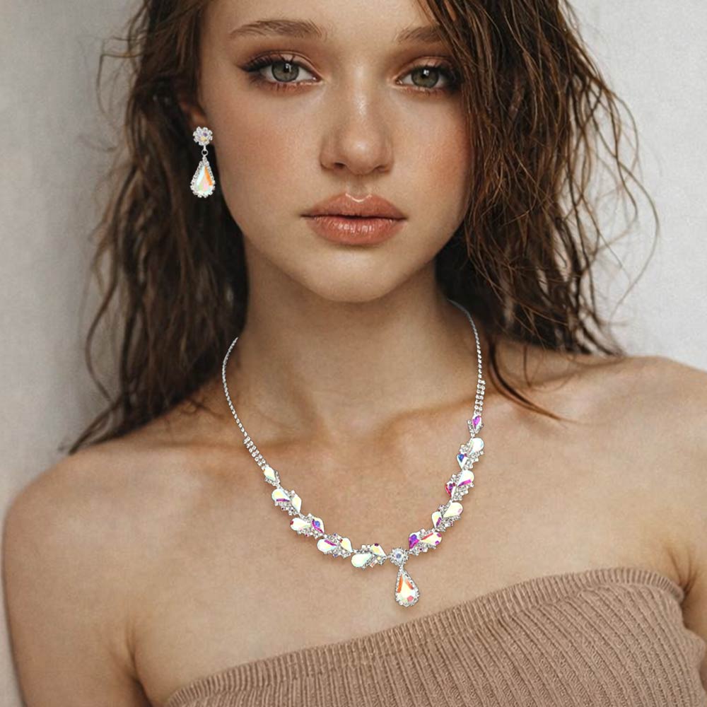 Model wearing AB marquise pendant necklace set on silver with matching earrings for prom and evening wear
