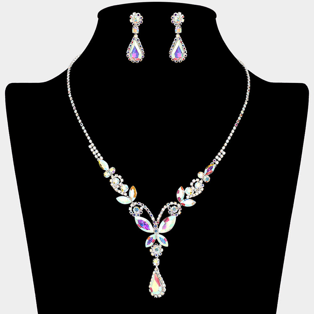 AB teardrop butterfly rhinestone necklace set on silver displayed on black bust background