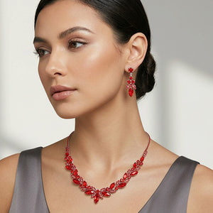Red marquise leaf rhinestone necklace and earrings set on silver worn by model