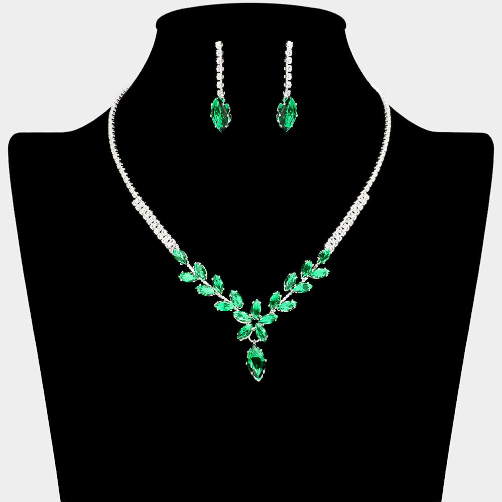 CZ Emerald Marquise and Rhinestone Cluster Prom Necklace Set | Prom Jewelry