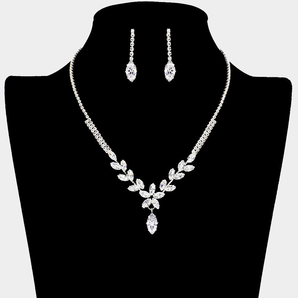 CZ Clear Marquise and Rhinestone Cluster Prom Necklace Set | Prom Jewelry