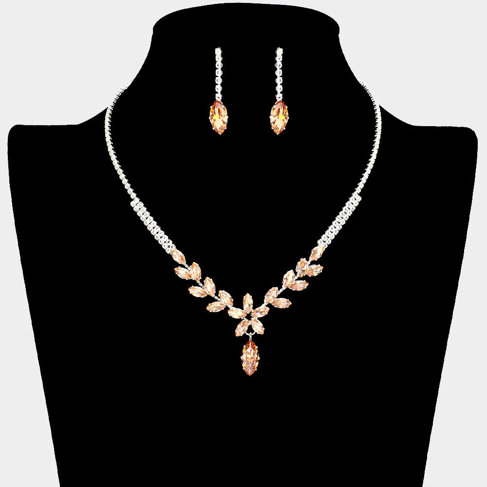 CZ Gold Marquise and Rhinestone Cluster Prom Necklace Set | Prom Jewelry