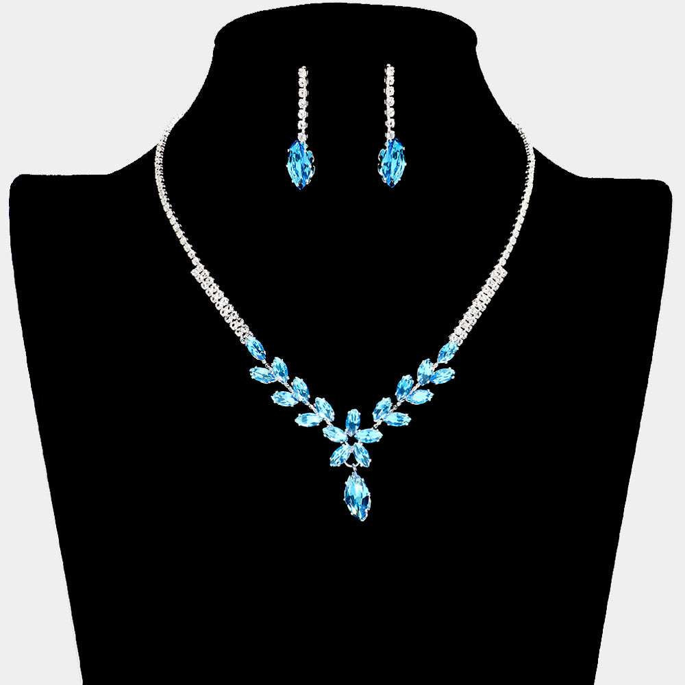 CZ Aqua Marquise and Rhinestone Cluster Prom Necklace Set | Prom Jewelry