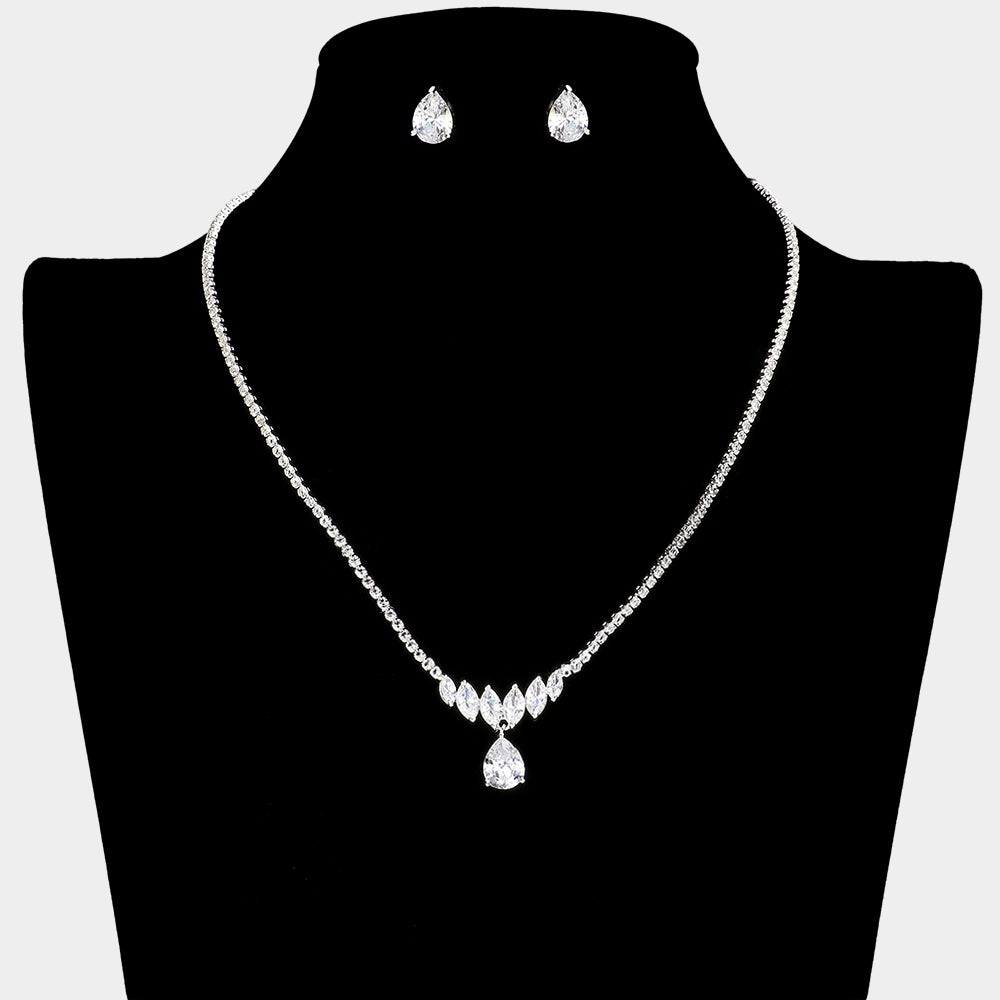 CZ Clear Teardrop and Marquise Stone Necklace Set | Small Teal Necklace Set for Prom