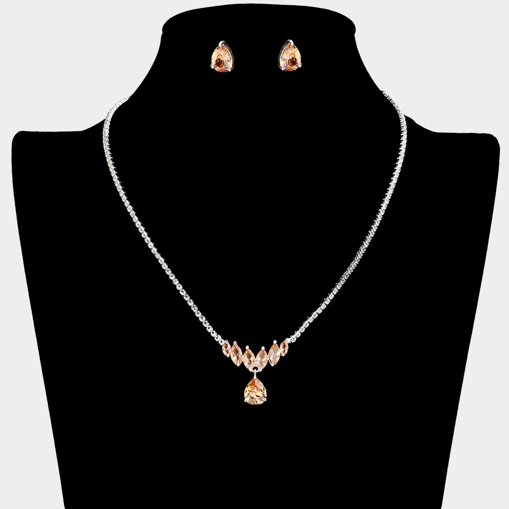 CZ Gold Teardrop and Marquise Stone Necklace Set | Small Teal Necklace Set for Prom
