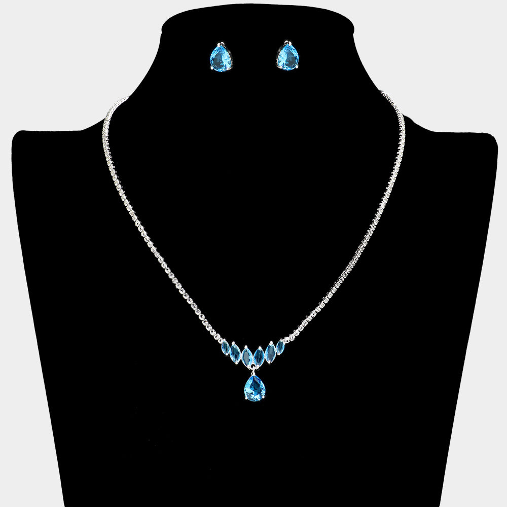 CZ Turquoise Teardrop and Marquise Stone Necklace Set | Small Teal Necklace Set for Prom