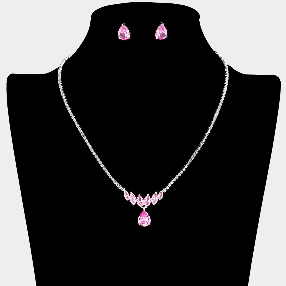 CZ Pink Teardrop and Marquise Stone Necklace Set | Small Teal Necklace Set for Prom