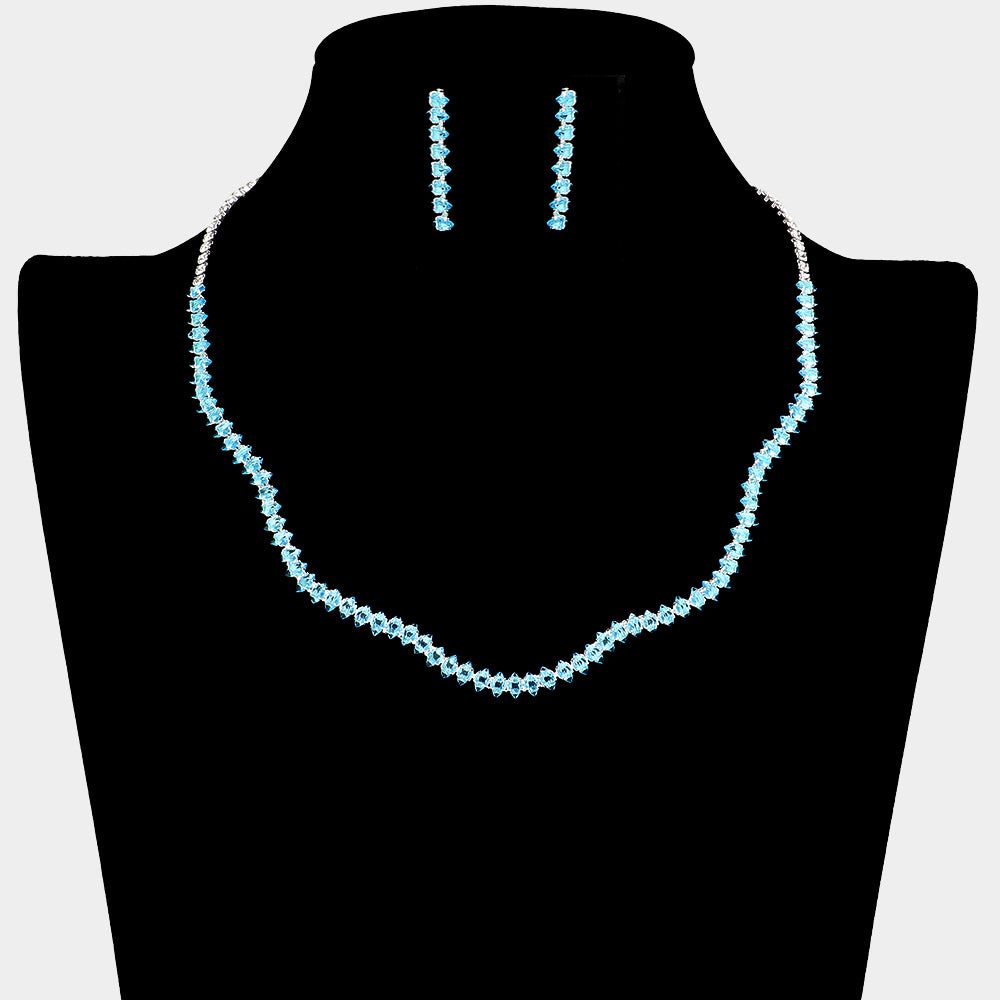 Aqua / Turquoise Rhinestone Wavy Prom Necklace Set | Prom Jewelry
