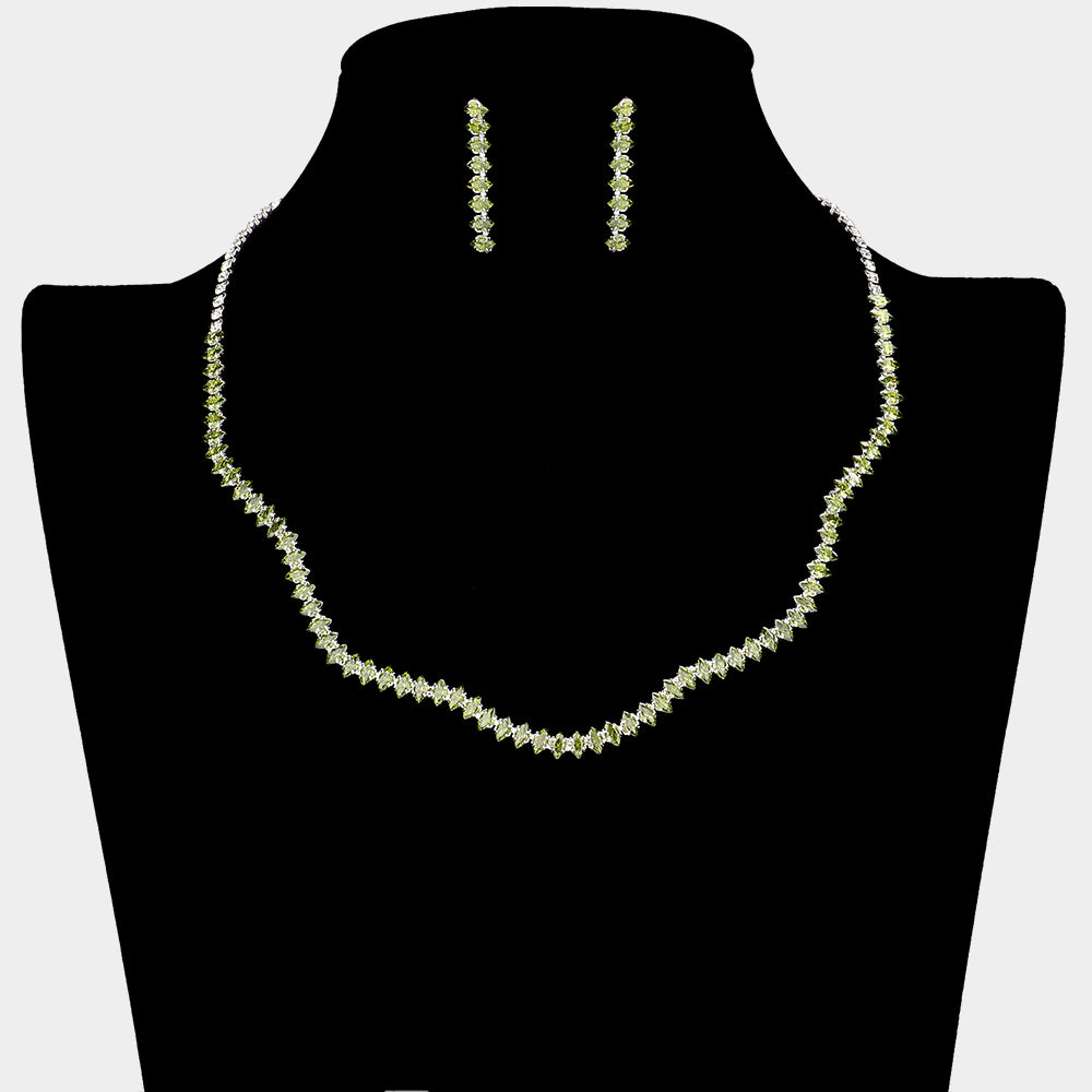 Peridot Rhinestone Wavy Prom Necklace Set | Prom Jewelry