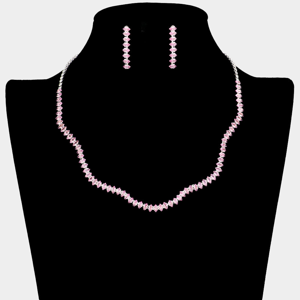 Pink Rhinestone Wavy Prom Necklace Set | Prom Jewelry