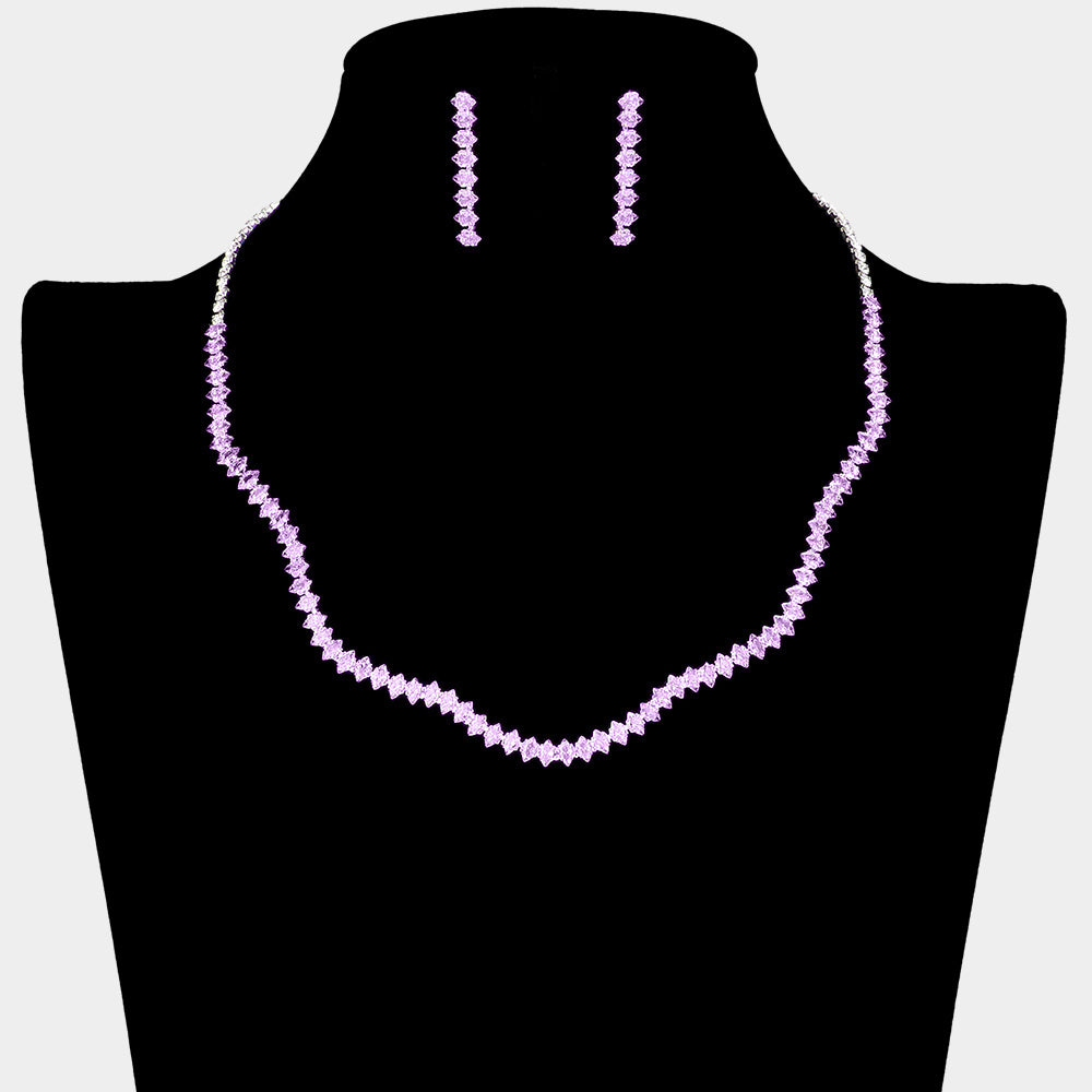 Violet Rhinestone Wavy Prom Necklace Set | Prom Jewelry