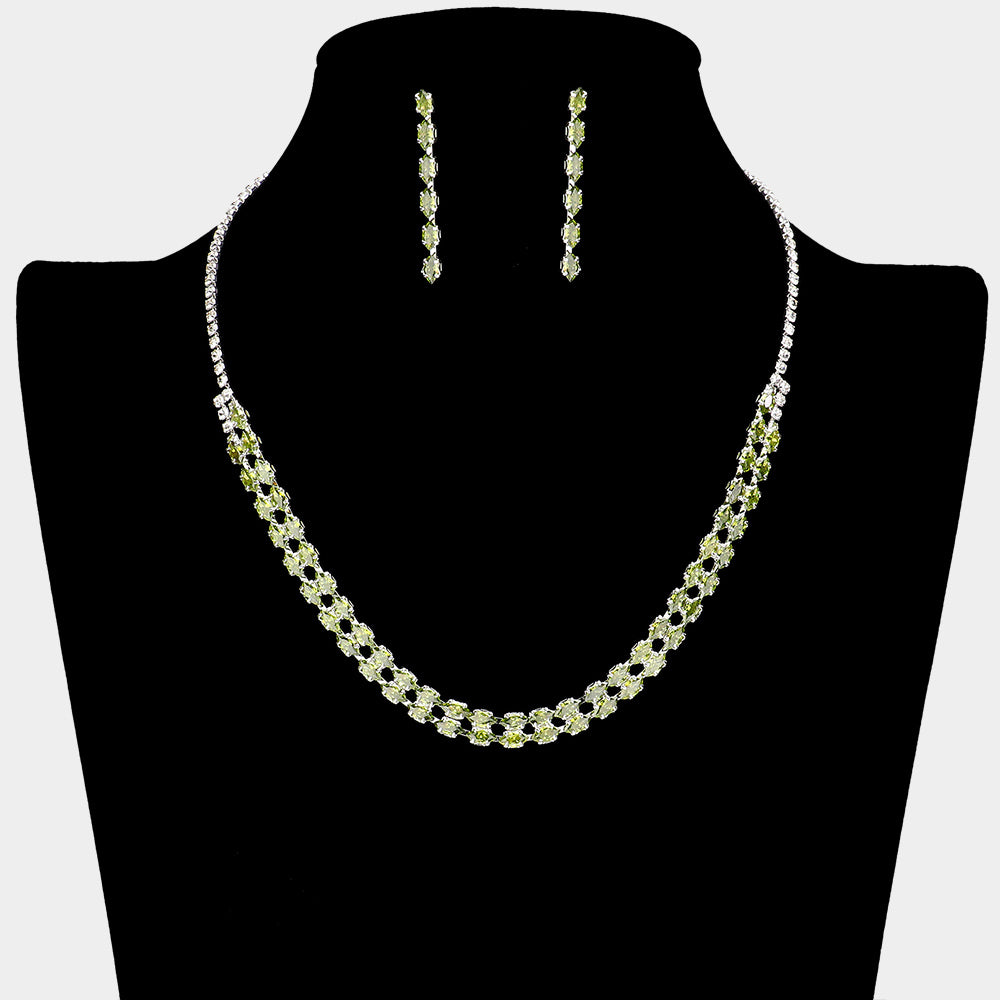 Peridot CZ Marquise and Rhinestone Necklace Set | Prom Jewelry