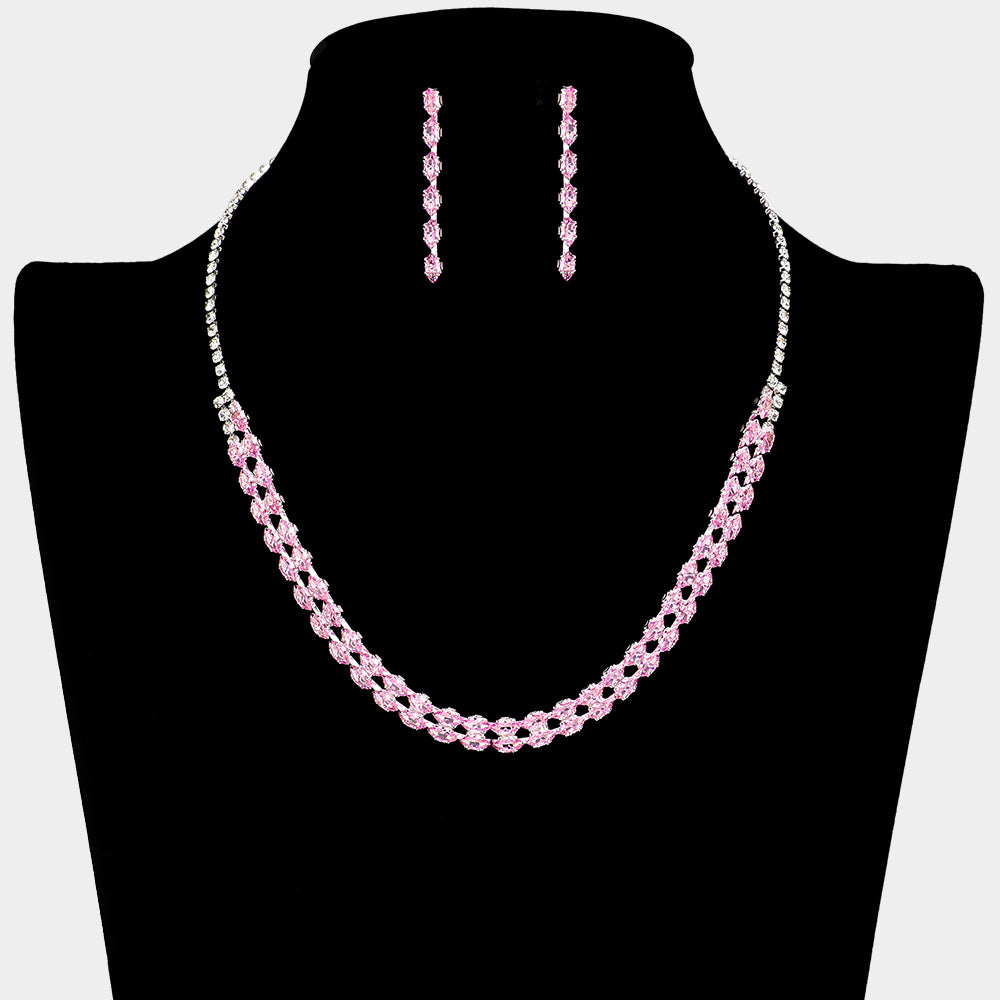 Pink CZ Marquise and Rhinestone Necklace Set | Prom Jewelry