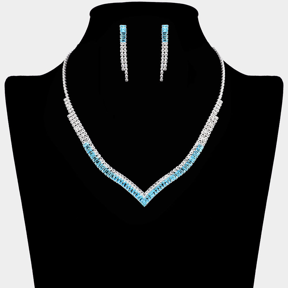 Aqua and Clear CZ Rhinestone V Shape Prom Necklace Set | Prom Jewelry