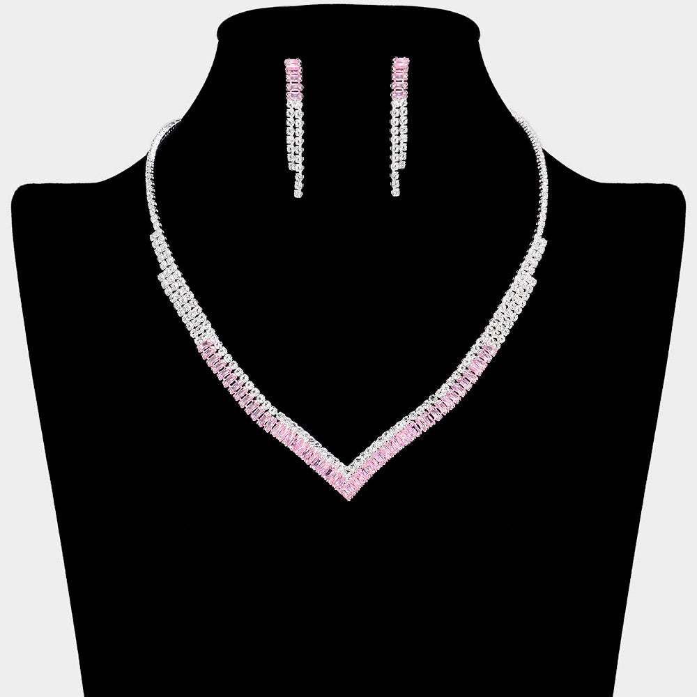Pink and Clear CZ Rhinestone V Shape Prom Necklace Set | Prom Jewelry