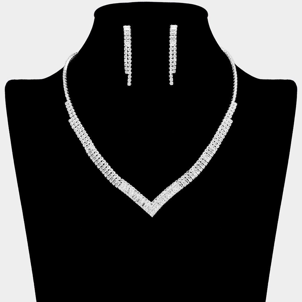 Clear CZ Rhinestone V Shape Prom Necklace Set | Prom Jewelry