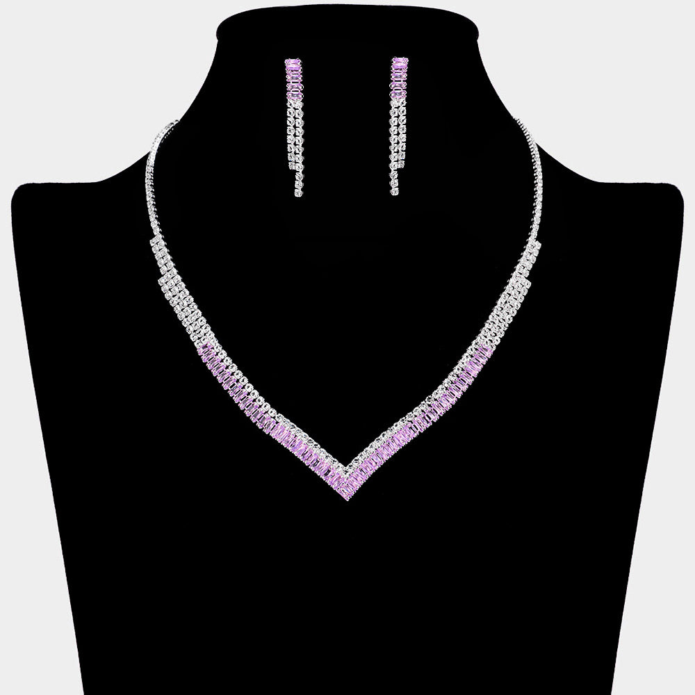 Violet and Clear CZ Rhinestone V Shape Prom Necklace Set | Prom Jewelry