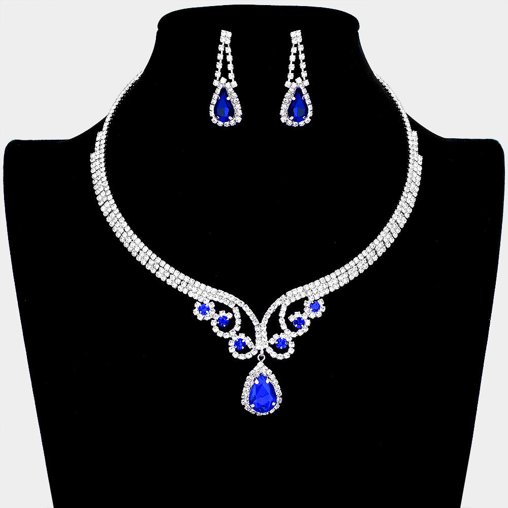 Sapphire Teardrop Rhinestone Accented Evening Necklace  | Pageant Necklace