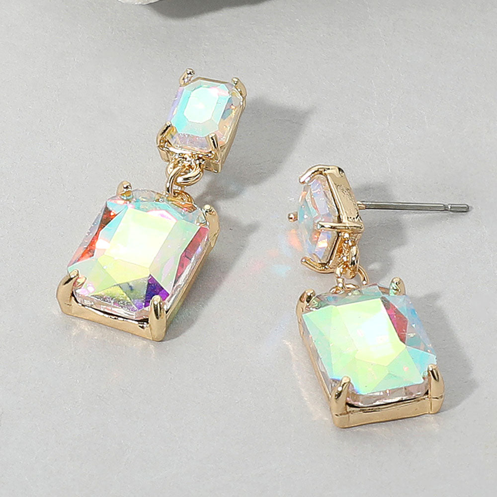 Rectangular AB Stone Dangle Earrings on Gold for Pageant-Prom