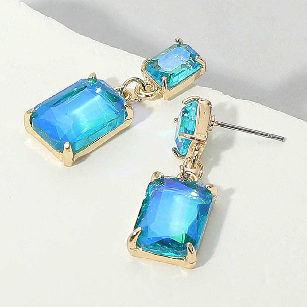 Rectangular Blue AB Dangle Earrings on a white background